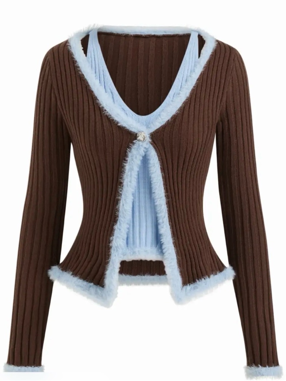 Cider Brown and Light Blue Ribbed Faux-Fur Trim Women's Sweater